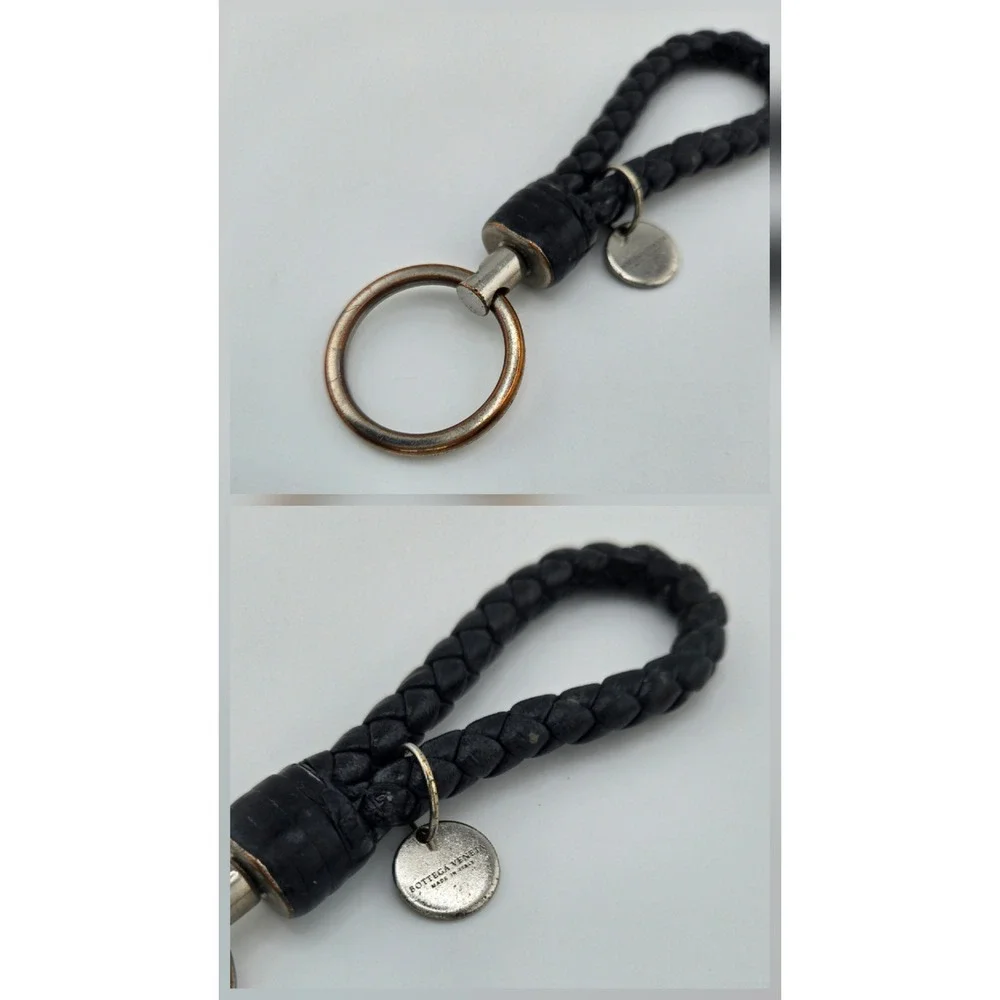 Bottega Veneta Intrecciato Woven Leather Keychain Black Silver Tone Logo Charm